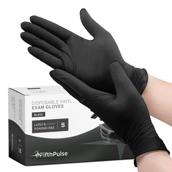 FifthPulse Black Vinyl Disposable Gloves Small 50 Pack - Latex Free, Powder Free Medical Exam Gloves - Surgical, Home, Cleaning, and Food Gloves - 3 Mil Thickness