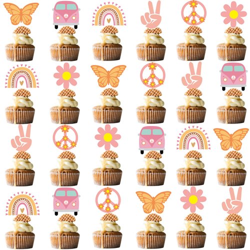 48Pcs Hippie Party Cupcake Toppers for Two Groovy Birthday Party Decorations Boho Rainbow Party Supplies