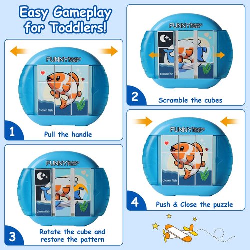 Fullware Rotating Puzzle for Kids 3 4 5 6 7 8 Year Old, 4 Puzzles in 1, Toddlers Travel, Car, Airplane, Road Trip Activities, Fine Motor Skills, Fidget, Gift for Boys & Girls Ages 3+(Fishes