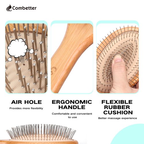 Bamboo Hair Brush Combetter, Smoothing Hair&Massage, Detangling Anti-Static Hairbrush, Natural Wood Comb with Metal Bristles for Women, Men & Children