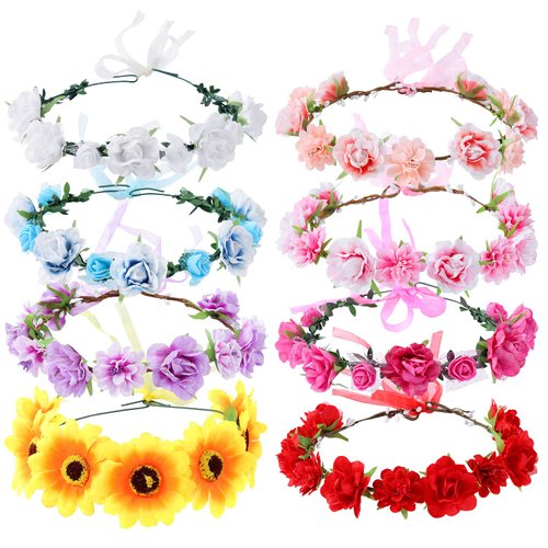 Cinaci 8 Pack Handmade Adjustable Sunflower Rose Flower Wreath Headbands Crown Garland Wedding Party Headpiece for Women Brides Bridemaids Girls Teens