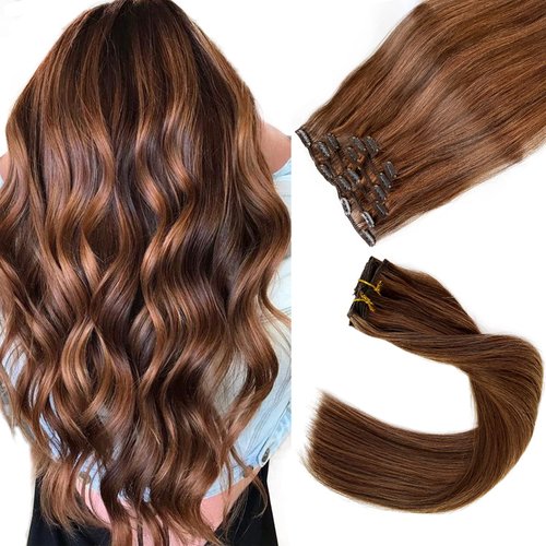 Clip in Hair Extensions Human Hair, Chocolate Brown and Auburn Brown Hair Extensions Real Human Hair Clip ins,70G 20 Inch 7 Pieces Straight Double Weft Remy Human Hair Clip in Extensions