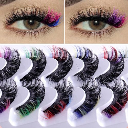 FEITA Colored Lashes 20mm Strip False Eyelashes Kit with Color Fluffy 8D Thick Volume Lash Tint Curly Rainbow Fake Eye Lashes 7 Pairs Multi Pack