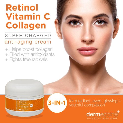 Vitamin C + Retinol + Collagen | Super Charged Anti-Aging Cream for Face | Pharmaceutical Grade Quality | Helps Smooth & Plump Fine Lines & Wrinkles & Brightens for Younger Skin (1 oz)