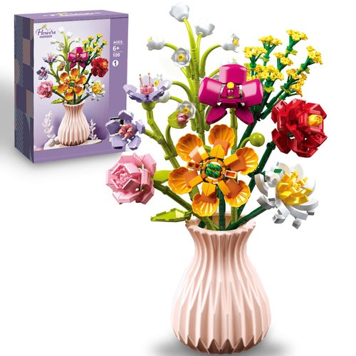 HIGH GODO Flowers Bouquet Building Set with Vase, 756PCS Orchid Botanical Collection Building Kit, Mother's Day Anniversary Birthday Gifts for Mom Women Girlfriend Adults 8+