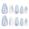 RikView Long Press on Nails Almond Fake Nails with 3D Design Blue Nails Glossy Full Cover Nails for Women 24 PCS