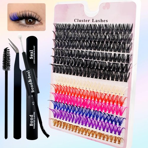 Colored Lash Clusters 240pcs Individual Lashes,16mm Mixed 7 Colors Rainbow DIY Lash Extension Kit C Curl flu-ffy Lashes, with Lash Bond and Seal and Lash Applicator Tool.(Colored Kit 80D)
