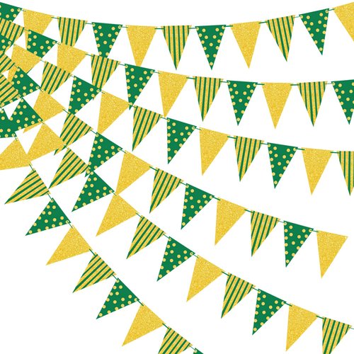 Green Gold Party Decorations, Hanging Glitter Paper Triangle Flag Pennant Banner for St. Patrick's Day Graduation Carnival Bachelorette Engagement Wedding Birthday Baby Bridal Shower 33Ft