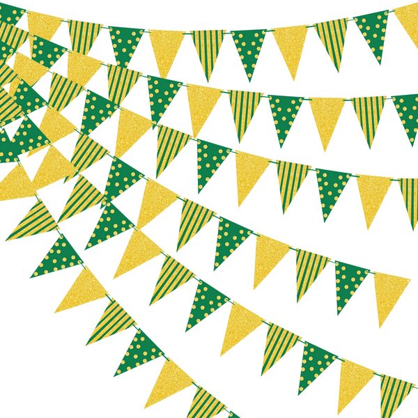 Green Gold Party Decorations, Hanging Glitter Paper Triangle Flag Pennant Banner for St. Patrick's Day Graduation Carnival Bachelorette Engagement Wedding Birthday Baby Bridal Shower 33Ft