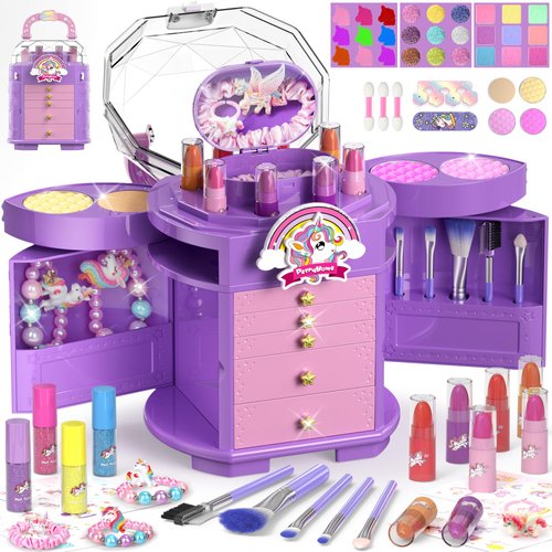 PERRYHOME Kids Makeup Set for Girl 63 Pcs Unicorn Toys for Girls, Real Washable Non-Toxic Cosmetic Toddler Make Up Kit, Unicorn Toys Princess Dress up Christmas & Birthday Girl Gifts for 3-12(Purple)