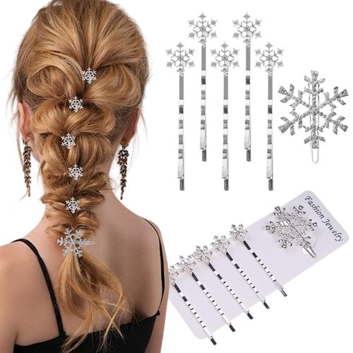 Snowflake Hair Clip Christmas Hair Accessories Glitter Winter Crystals Rhinestone Bobby Hair Pins Hair Buckle Barrette for Women Bridal Wedding Hairpins Hair Accessory 6Pcs (Silver)