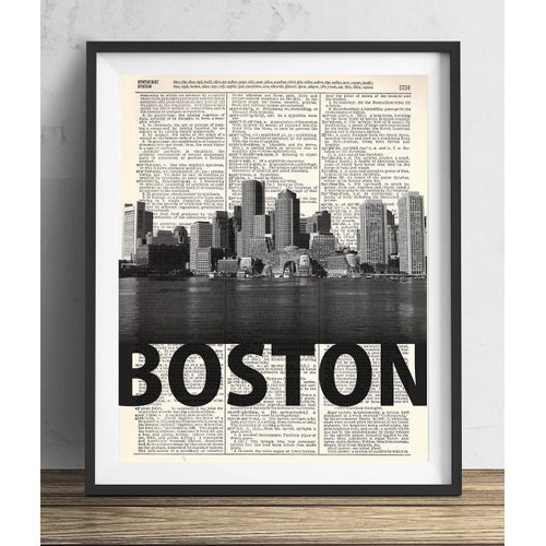 Boston Skyline With Bold Name, Vintage Dictionary Art Print, Antique Wall Art Home Decor, Modern Boho Poster, Farmhouse Decoration Living Room Bedroom Office 8x10 Inches, Ready To Frame