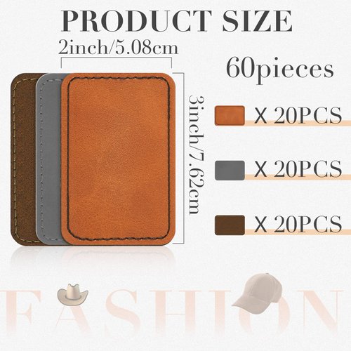 Dunzy 60 Pcs Blank Leatherette Hat Patches with Adhesive Rustic Leatherette Rectangle Patch Faux Leather Patches for Hats Custom Fabric Repair Sew Laser Supplies (Khaki, Gray, Golden Brown,3 x 2 Inch)