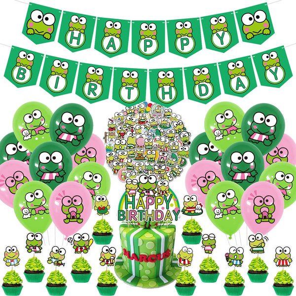 Keroppi Birthday Party Decorations, 83pcs Keroppi Frog Party Supplies with Happy Birthday banner, Cupcake Toppers, Balloons and Stickers for Big-Eyed Frog Theme Kids Birthday Shower Party