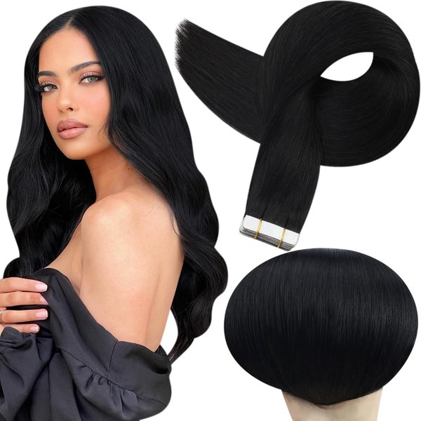 Full Shine Seamless Tape on Real Hair Extension Color 1 Jet Black Double Sided Tape in Hair Extensions Human Hair 12 Inch Short Hair Cut Layered Hair Style 30G 20Pcs Adhesive Tape ins Thick End