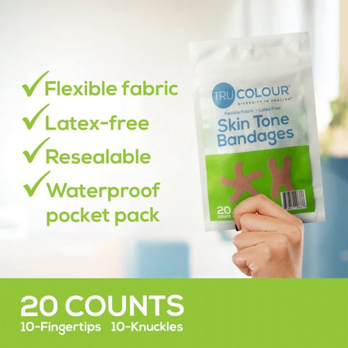 Tru Colour - Knuckle and Fingertip Bandages, Flexible Fabric Adhesive Bandages, Olive Skin Tone Shade, Green Bag, 20 Count