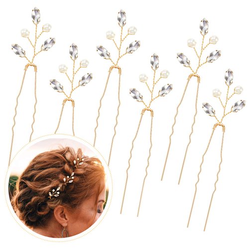Syhood 6 Pieces Pearl Crystal Bridal 3.7 Inch Hair Pins Rhinestone Flower Wedding Hair Pins Vintage Hair Accessory Party Hair Pins for Bride, Bridesmaids(Gold)