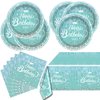 Teal and Silver Tableware set, Blue Happy Birthday Theme 20 Plates and 20 Napkins and Tablecloths 71 '' x 42 '' for Girls Women Silver Glitter Birthday Party Supplies