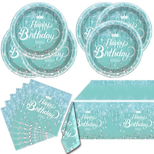 Teal and Silver Tableware set, Blue Happy Birthday Theme 20 Plates and 20 Napkins and Tablecloths 71 '' x 42 '' for Girls Women Silver Glitter Birthday Party Supplies