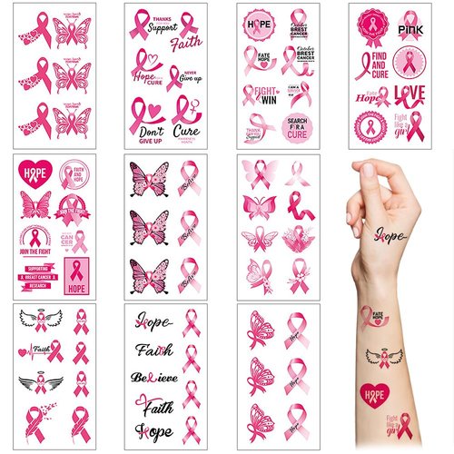 Pink Ribbon Temporary Tattoos,10 Sheets Fake Waterproof Breast Cancer Awareness Tattoo Stickers for Women Girls Party Fundraising Event
