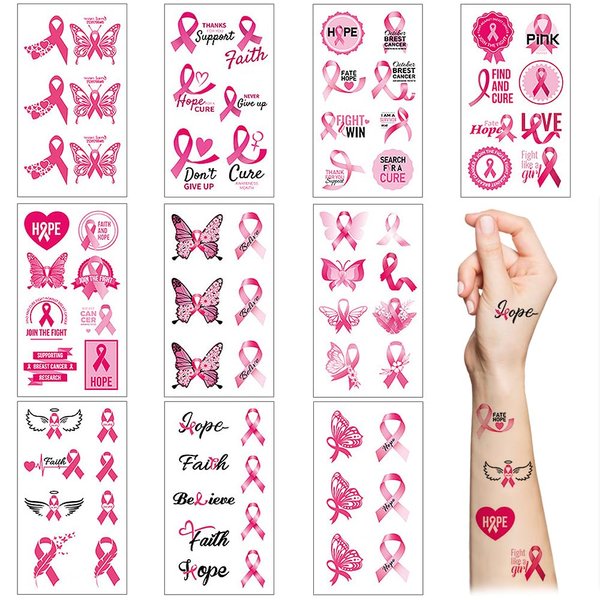 Pink Ribbon Temporary Tattoos,10 Sheets Fake Waterproof Breast Cancer Awareness Tattoo Stickers for Women Girls Party Fundraising Event