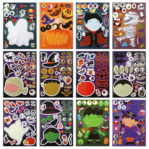48 Sheets Halloween Party Games Stickers, 12 Styles Halloween Make a Face Stickers Funny Halloween Party Stickers Pumpkin Vampire Zombie Patterns Halloween Activities for Kids