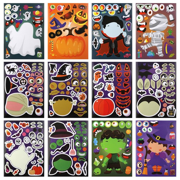 48 Sheets Halloween Party Games Stickers, 12 Styles Halloween Make a Face Stickers Funny Halloween Party Stickers Pumpkin Vampire Zombie Patterns Halloween Activities for Kids