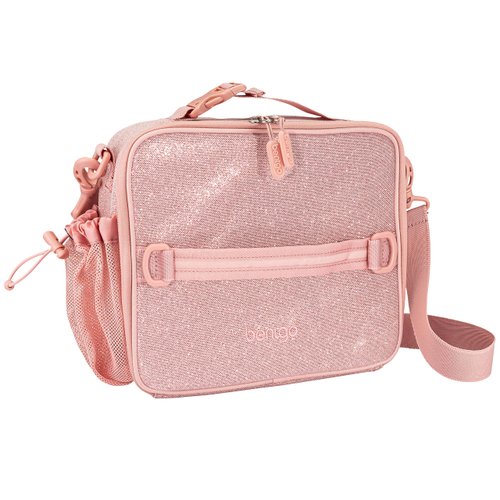 Bentgo® Kids Lunch Bag - Glitter Design for Ages 3+, Durable, Double Insulated, Water-Resistant Fabric, Interior & Exterior Zippered Pockets, Water Bottle Holder (Glitter Edition Petal Pink)