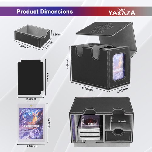 YAXAZA MTG Deck Box with Commander Display Window, Fits 200+ Double-Sleeved Cards, Strong Magnetic PU Leather Card Deck Case, with 2 Dividers, 1 Toploader, andDice Tray (Black & Grey)