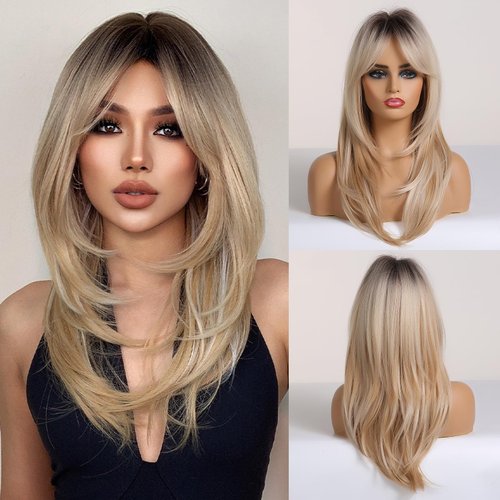 Blonde Wig with Bangs Long Curly Wigs for Women Synthetic Wig Dark Roots for Daily Party Cosplay