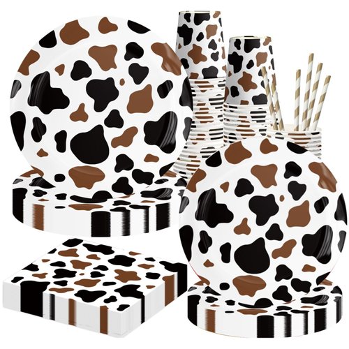 Cow Print Party Supplies, Cow Print Party Tableware Complete Pack Include Black Brown Cow Plates, Napkins, Cups Straws for Cow Birthday Baby Shower Farm Animal Party Decorations