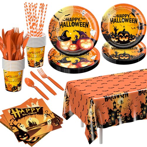 Halloween Party Supplies: Halloween Party Decorations 129 PCS - Disposable Paper Plates Tableware Napkins Cups for Kids Boy Girl Halloween Pumpkin Themed Party Decorations Serve 16