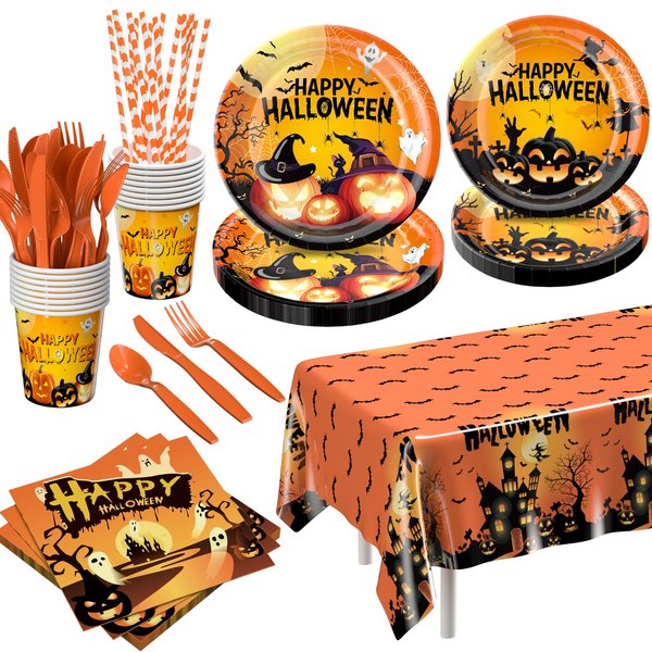 Halloween Party Supplies: Halloween Party Decorations 129 PCS - Disposable Paper Plates Tableware Napkins Cups for Kids Boy Girl Halloween Pumpkin Themed Party Decorations Serve 16