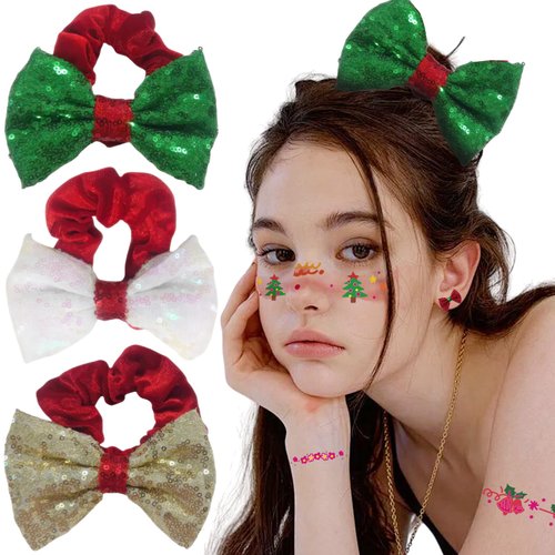 3 Pcs Bow Hair Scrunchies Christmas Glitter Sequins Bowknot Hair Ties Velvet Hair Scrunchy Elasti...