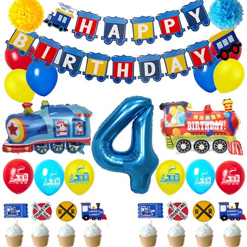 Train 4st Birthday Decorations Boys Train, 4 Years Old Birthday Party Supplies With Number 4 Foil...