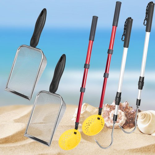 MBJZSL 6Pcs Shelling Tools for Beach, Beach Scoop with Extra Long Adjustable Handle, Beach Shovel for Kids Girls Boys Picking Up Shells Toys