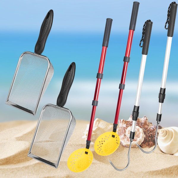 MBJZSL 6Pcs Shelling Tools for Beach, Beach Scoop with Extra Long Adjustable Handle, Beach Shovel for Kids Girls Boys Picking Up Shells Toys