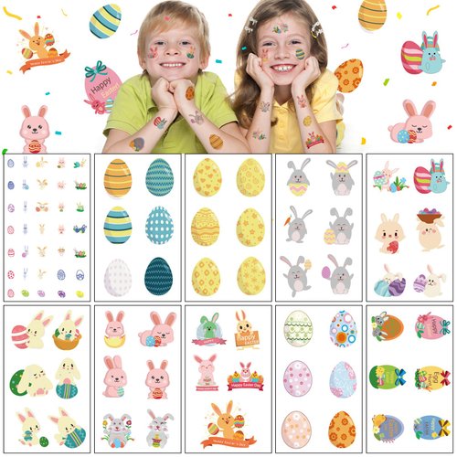 Easter Temporary Tattoos for Kids 140+ pcs, 10 Sheets Easter Egg and Bunny Fake tattoo for Boys and Girls,Easter Basket Stuffers