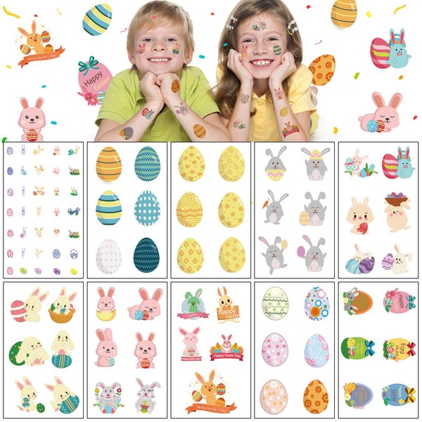 Easter Temporary Tattoos for Kids 140+ pcs, 10 Sheets Easter Egg and Bunny Fake tattoo for Boys and Girls,Easter Basket Stuffers