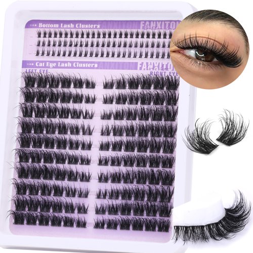 Lash Clusters Fluffy Thick Cluster Lashes Volume Eyelash Clusters D Curl Cat Eye Lashes Clusters Wispy with Bottom Lash Clusters 8-18mm Cluster Eyelash Extensions DIY Lash Extension Kit by FANXITON