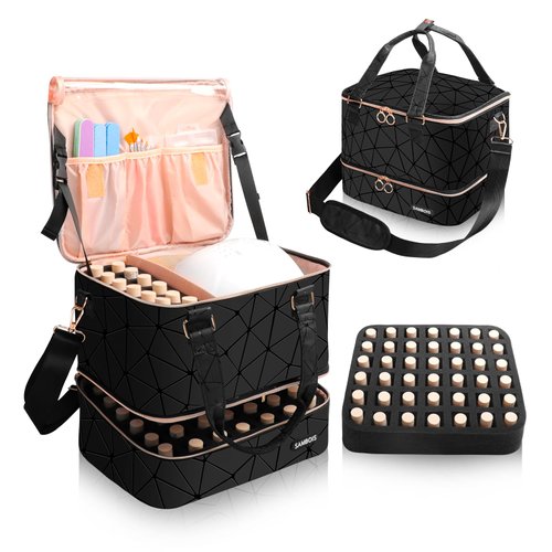 Sambois Nail Polish Organizer Bag Holds 54 Bottles (15ml/0.5 fl.oz)& Nail Lamp, PU Leather Nail Supplies Organizer with Holder& Shoulder Strap, Portable Travel Nail Kit Storage Carrying Case (Black)