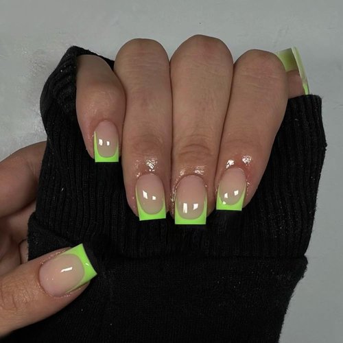 KXAMELIE Neon Green French Tip Press on Nails Short Square Natural Fake Nails For Women Nude Glue on Nails Short Nails Press on Gel Nails Set Reusable Acrylic False Nails For Girls in 24 PCS