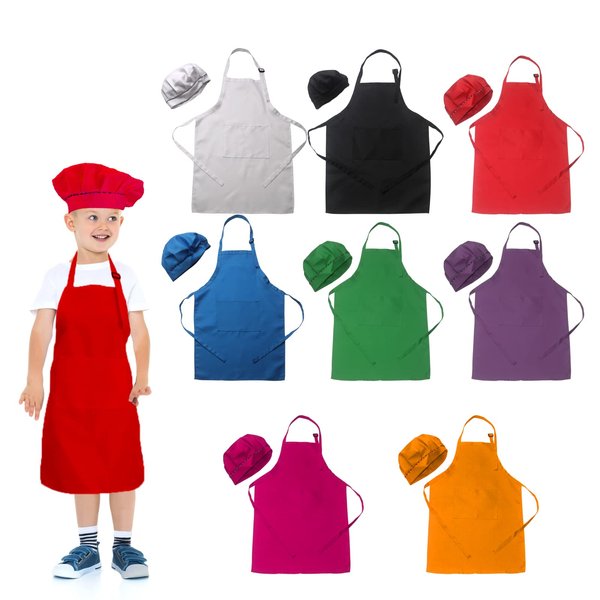 LOYHUANG Toal 8sets Kids Children Colorful Aprons Chef Hat Set, Kids Chef Kitchen Adjustable Bib Aprons with 2 Pockets for Girls Boys Painting Cooking Baking Wear(8set,8 Colours)