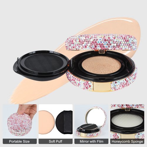 KEYPOWER Makeup Powder Empty Box with Bling Diamond Loose Powder Compact Empty Container with Powder Puff and Mirror Refillable for Home or Trip (Pink)