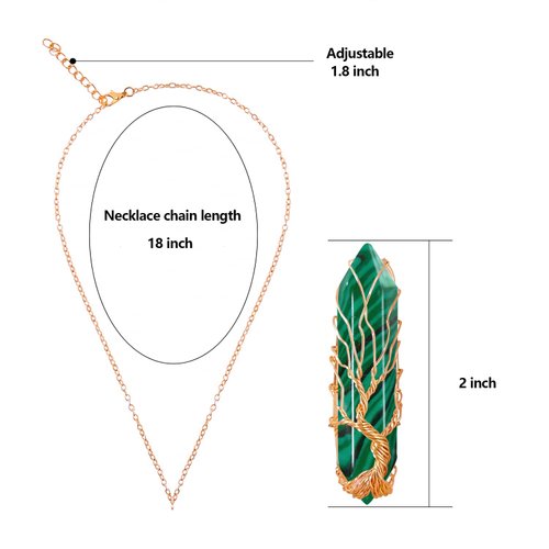 VIBILIA Healing Crystal Necklace Tree of Life Wire Wrapped Malachite Stone Point Pendant Necklace Hexagonal Reiki Spiritual Quartz Gemstone Jewelry for Women Men