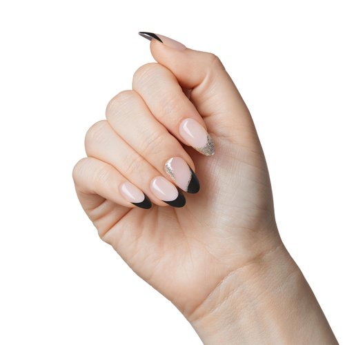 KISS imPRESS No Glue Mani Press-On Nails, French, 'Illusion', Dark Neutral + Black Tip French, Medium Size, Almond Shape, Includes 30 Nails, Prep Pad, Instructions Sheet, 1 Manicure Stick, 1 Mini File