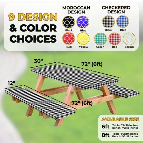 RNOONY Vinyl Fitted Picnic Table Cover with Bench Covers and Bag, 6ft Outdoor Waterproof Windproof Picnic Tablecloth with Elastic Edges. Camping RV Gear Must Have 72x30 Inches 3 Pcs Set (Black)