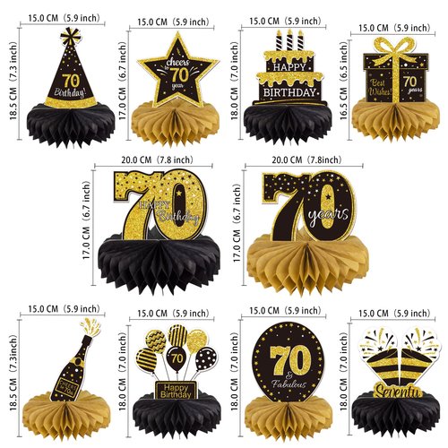 Gexolenu 10 Pcs 70th Birthday Honeycomb Centerpieces Gold Black Cheers to 70 Years Birthday Centerpieces Tables Toppers for 70th Birthday Decorations 70 Fabulous Birthday Party Decorations Supply