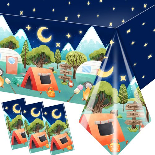 Pymurod Camping Birthday Decorations-3Pcs Camping Birthday Table Cloth, Camping Party Happy Birthday Camping Table Cloth for Kids Picnic Hiking Camping Party Decorations Adventure Party Supplies
