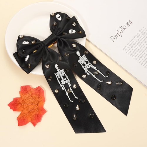Halloween Hair Bows Clips for Women Halloween Accessories Candy Corn Boo Hair Ribbon Bows Black White Satin Ribbon Hair Bows Halloween Hair Bow Barrettes Party Gifts (Pattern Q)